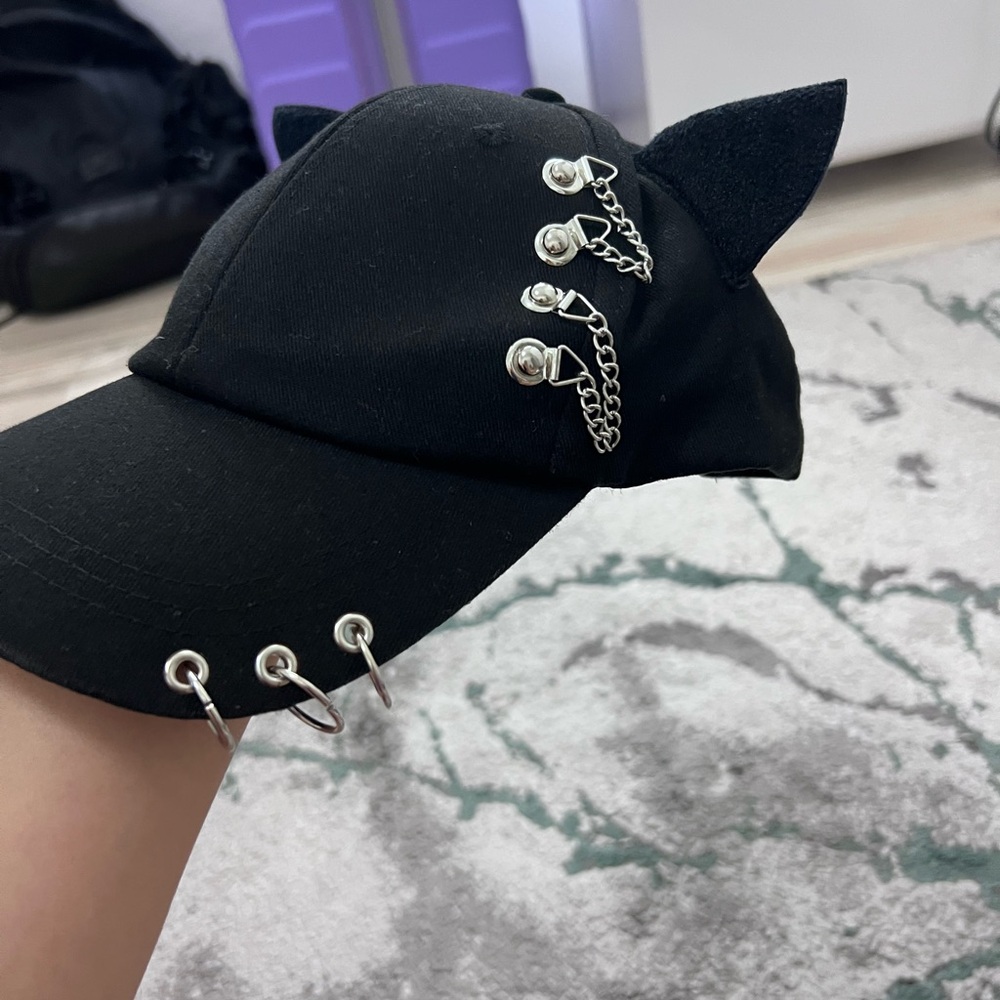 SHEIN Black Cat Ear Cap with Silver Chain & Ring Details